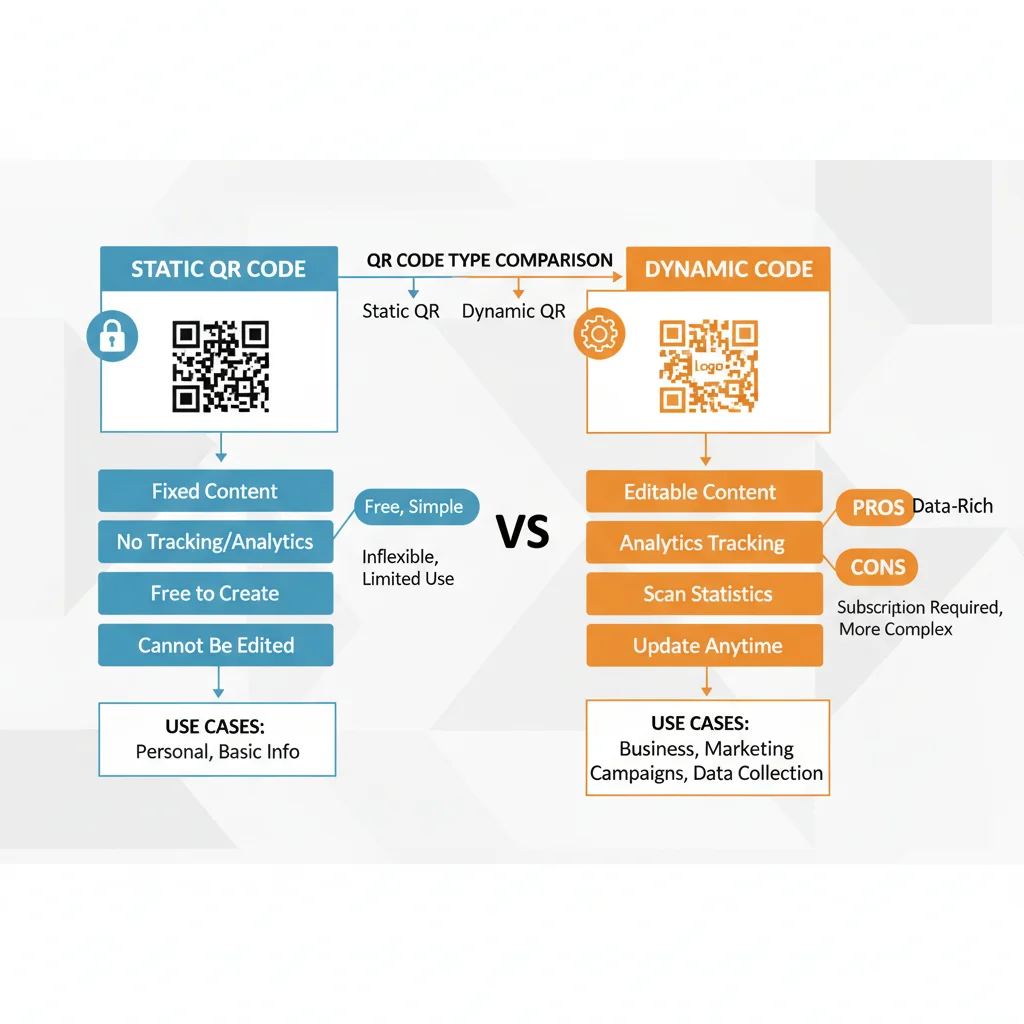 Dynamic vs static QR codes comparison diagram showing key differences in editability, tracking, and use cases