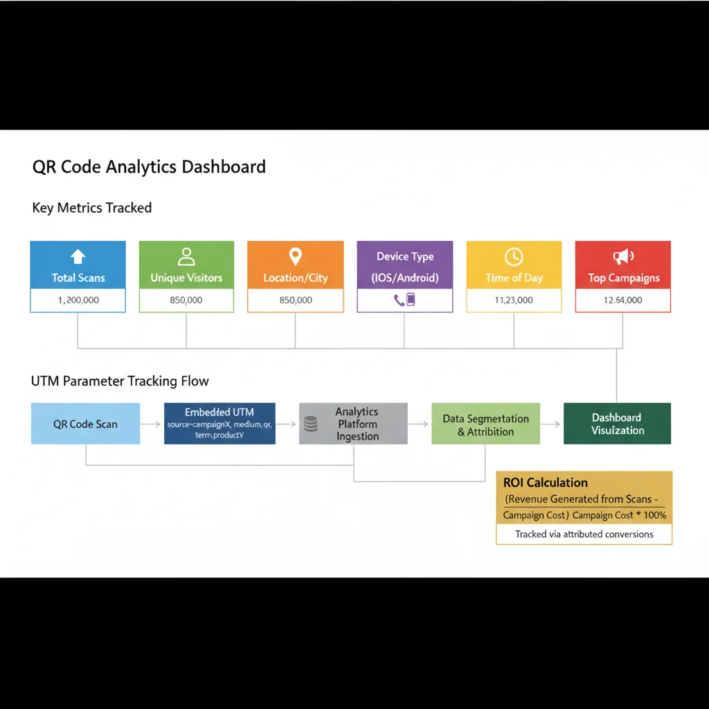 QR code analytics dashboard infographic showing key metrics: scans, locations, devices, and conversions