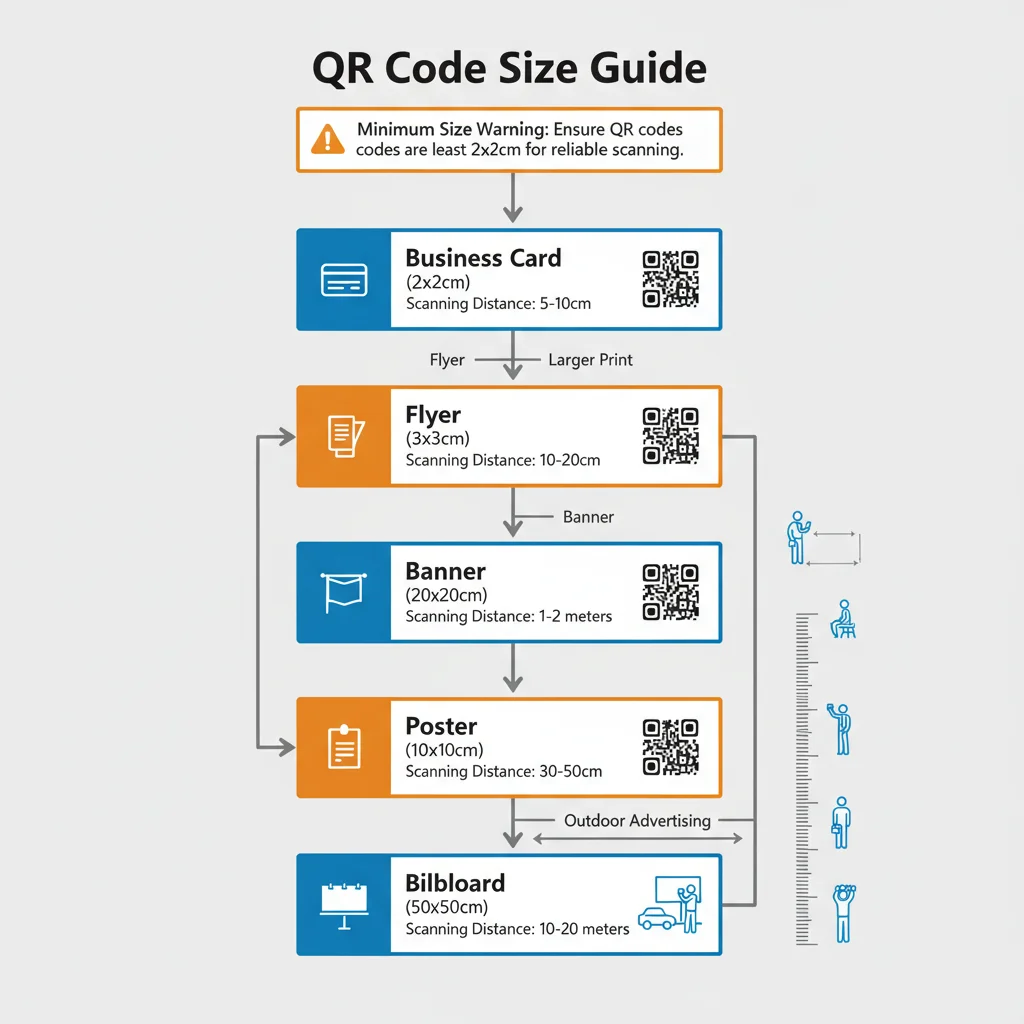 QR code size comparison chart showing minimum sizes for business cards, flyers, posters, and billboards