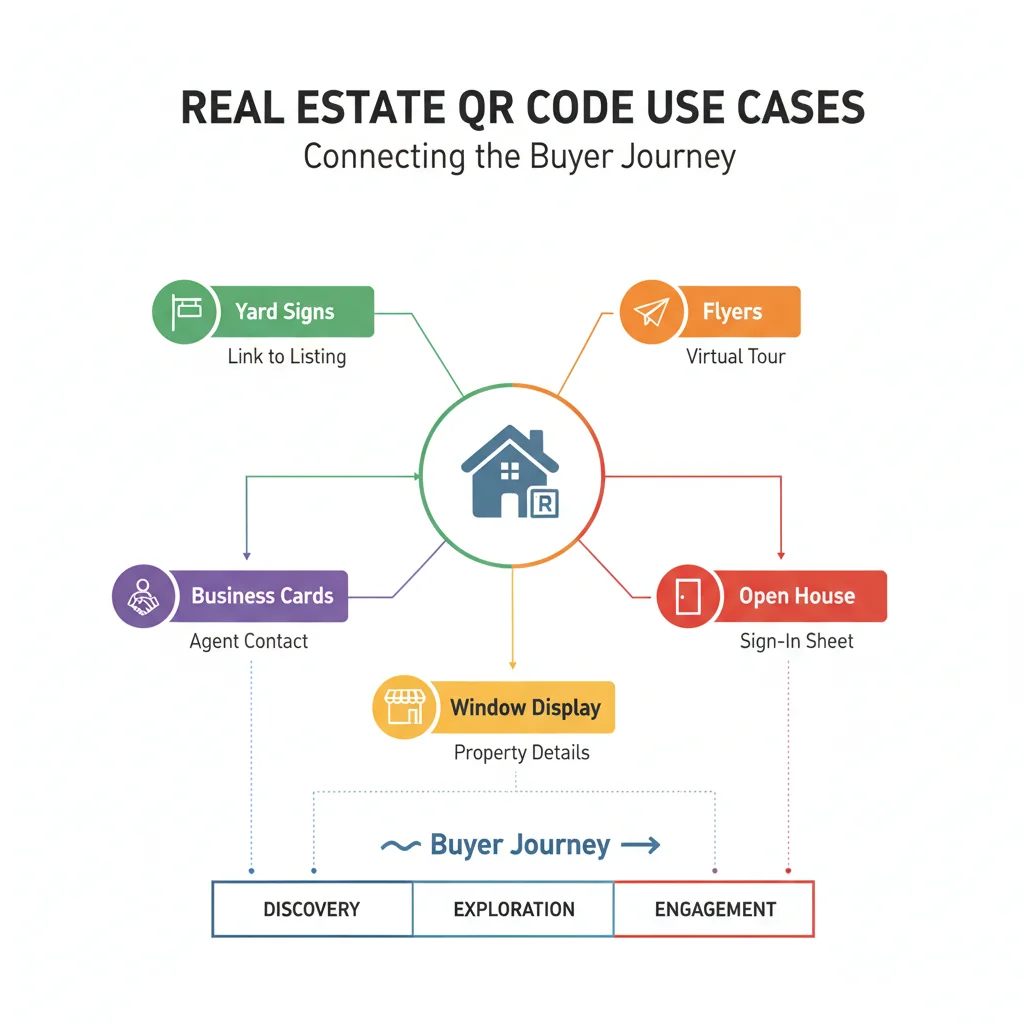 Real estate QR code applications infographic showing yard signs, flyers, virtual tours, and lead capture