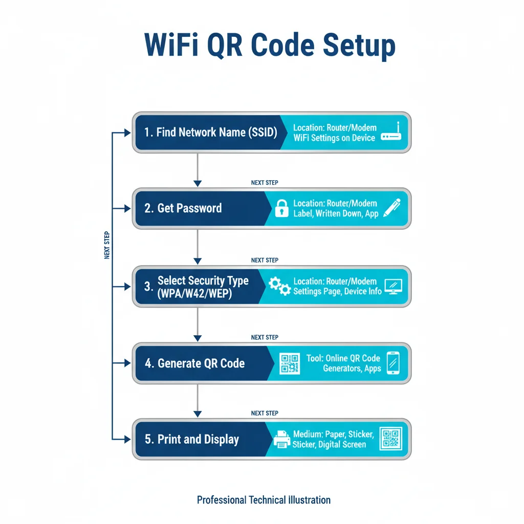 WiFi QR code setup flowchart showing steps: find credentials, select WiFi type, enter details, customize, and display